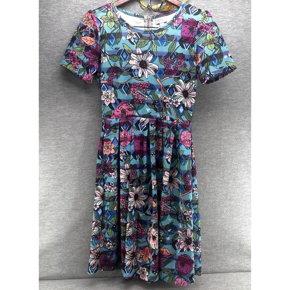 LULAROE AMELIA -Blue w/ Multi-Colored Floral Print with Pockets Dress Size Small - Picture 1 of 7